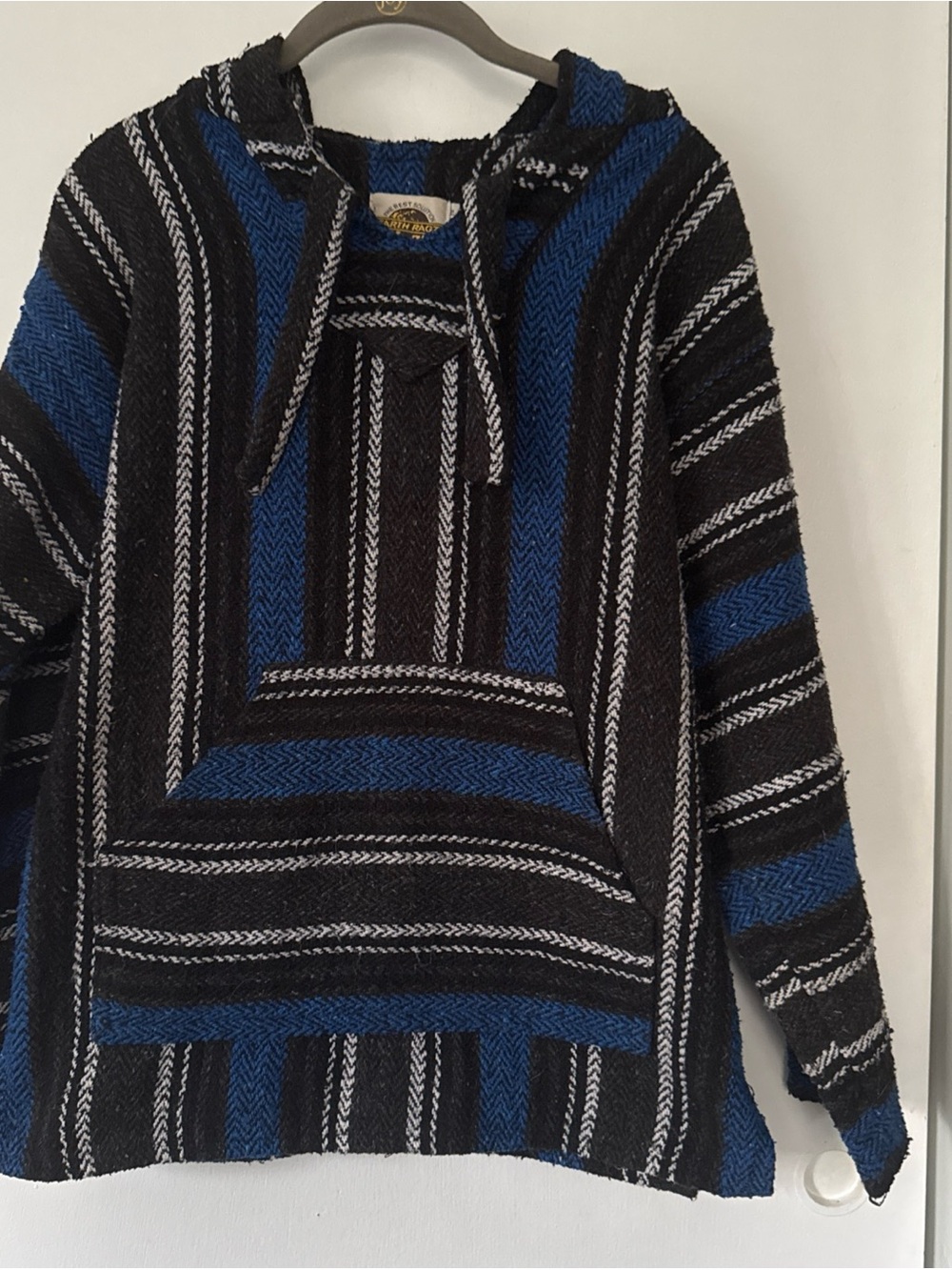 Striped Raja Rug Hooded Baja Pullover - Made in Mexico Blue & Black Medium Unsex